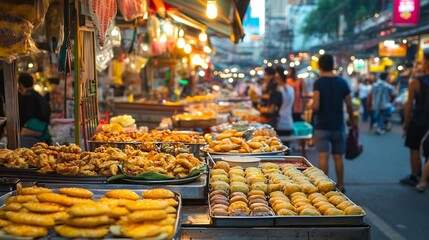 Street food vendor displaying various fried snacks and sweets at a bustling outdoor market setting in asia