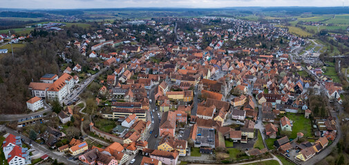 Aerial view around the old town of the city Feuchtwangen in Germany on a sunny autumn day