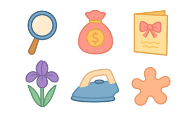 Set of cute colorful icons featuring everyday objects in a minimalist style