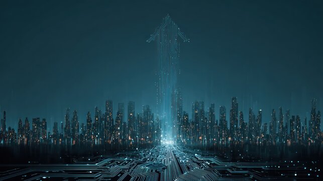 Digital cityscape with glowing arrow symbolizing growth and technological advancement
