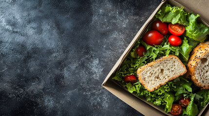 A nutritious to-go lunch with bread in a box, featuring copy space for text.