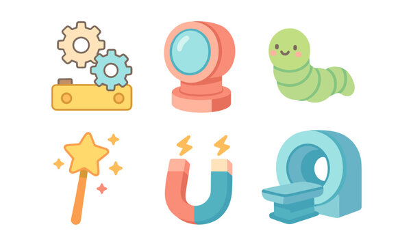 Playful cartoon icons: gears, robot, caterpillar, magic wand, magnet, mri