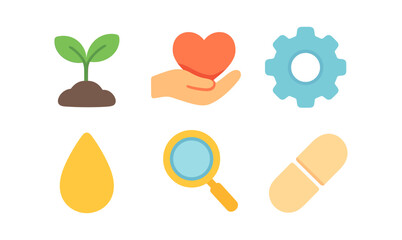 Simple flat icons of sustainability, health, and technology