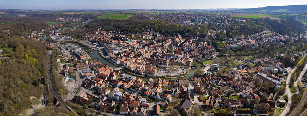 Aerial view around the old town of Schwäbisch Hall in Germany on a sunny autumn day