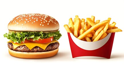 Classic cheeseburger and french fries fast food combo
