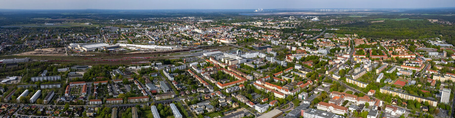Aerial view around the old town of Cottbus in east Germany on a sunny spring day