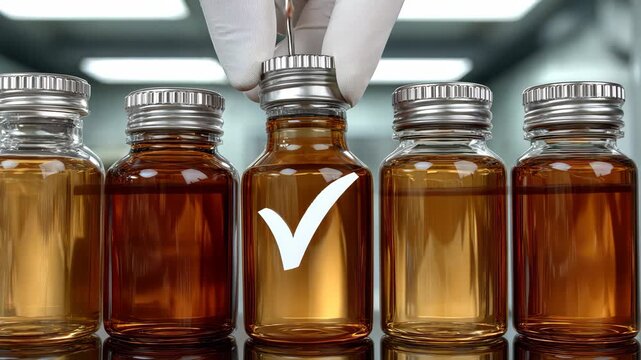 Lab technician checks quality of samples in glass vials during analysis at a research facility in early morning