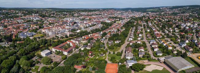 Aerial view around the downtown of the city Pforzheim in Germany on a sunny spring day