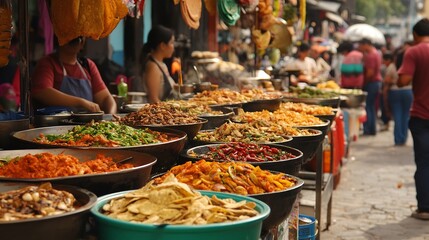 Various dishes displayed at a street food market with people and vendors in the background scene