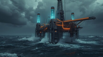 Offshore Oil Rig Extracting Resources Amid Stormy Ocean, Industrial Technology Platform Viewed from Wide Angle at Sea