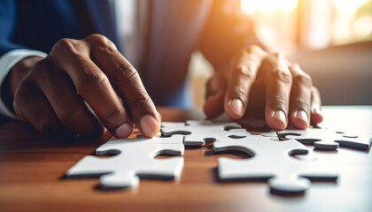 Puzzle of Solution: Hands working to connect puzzle pieces, symbolizes problem-solving, teamwork, and the pursuit of a shared solution on the table.