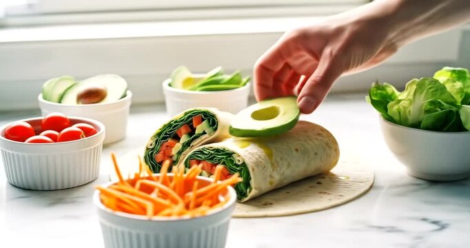 Fresh vegetable wrap with colorful ingredients and bowls of salad on countertop