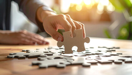 Puzzle Piece Placement: A close-up of a hand placing a jigsaw puzzle piece, representing problem-solving, connection, and achieving a cohesive whole.