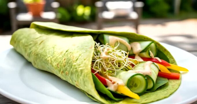 Fresh vegetable wrap with colorful ingredients served outdoors in a garden