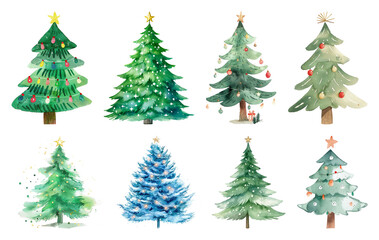 Fototapeta premium PNG Watercolor Christmas tree illustrations, element set on transparent background