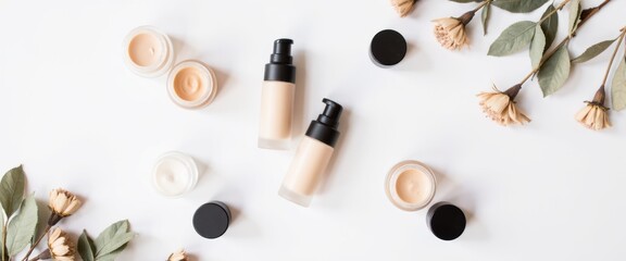 A minimalist flat lay of various foundation bottles and cream makeup pots in neutral shades, elegantly arranged with delicate dried flower branches on a clean white background.