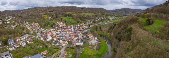 Fototapeta premium Aerial view around the old town of Illschwang in Germany on a sunny autumn day