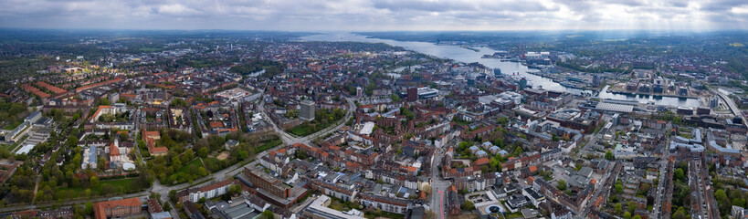 Aerial view around the old harbour town of Kiel in Germany on a cloudy autumn day