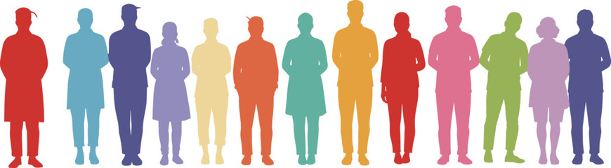 Colorful human silhouettes illustration, diverse people group in different poses, inclusion unity concept, 