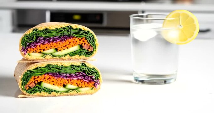 Fresh vegetable wrap with colorful layers served beside a glass of lemon water