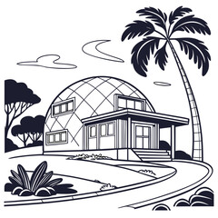 Black and white vector illustration of a futuristic dome house © leptop