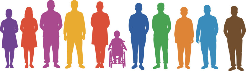 Colorful human silhouettes illustration, diverse people group with wheelchair inclusion, unity and diversity concept, multicolor figures, community teamwork, abstract design, professional stock art
