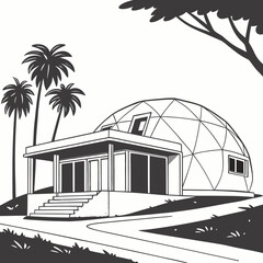Black and white vector illustration of a geodesic dome villa © leptop