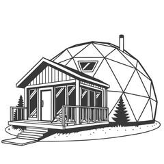 Black and white vector illustration of a geodesic dome home with attached cabin © leptop