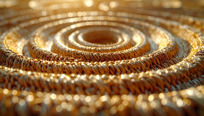 Golden Woven Coil: An artful close-up of a golden, woven coil. The texture is a display of detailed craftwork. This abstract representation will elevate any design.