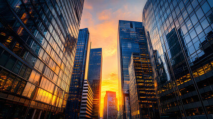 Office buildings illuminated by the golden hues of sunset.