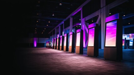 Fototapeta premium modern event space featuring illuminated kiosks with dynamic displays, creating a vibrant atmosphere for attendees.