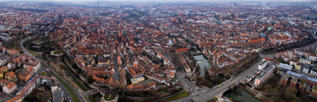 Aerial view around the old town of Nuremberg in Germany on a cloudy autumn day