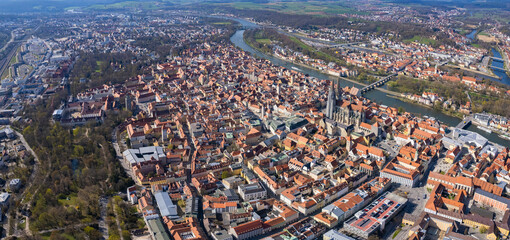 Aerial view around the old town of Regensburg in Germany on a cloudy autumn day