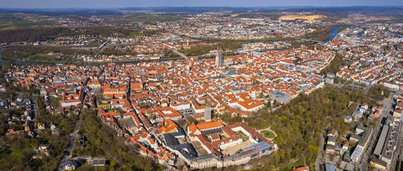 Aerial view around the old town of Regensburg in Germany on a cloudy autumn day