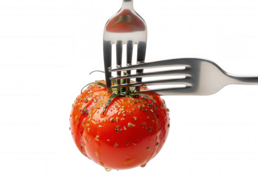Ripe tomato pierced by forks isolated on a transparent background