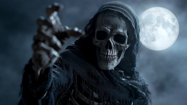 A skeleton covered in dried skin and dressed in a black cloak points a finger in front of him towards the viewer. Skeleton-death on the background of a full moon looks ahead, portrait. Halloween