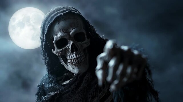 A skeleton covered in dried skin and dressed in a black cloak points a finger in front of him towards the viewer. Skeleton-death on the background of a full moon looks ahead, portrait. Halloween