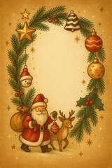 Christmas postcard frame with Santa Claus, reindeer, fir branches, ornaments, holly leaves, and golden stars on warm paper background. Greeting card illustration. Illustration by Generative AI.