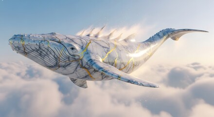 Majestic Whale Swimming Through Clouds in Surreal Art Illustration, Dreamlike Environment, Aerial View