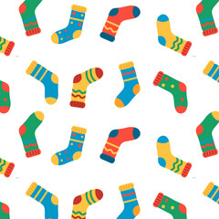 Seamless pattern with colorful festive socks, cartoon style winter clothing design, bright decorative background for Christmas and holiday projects.