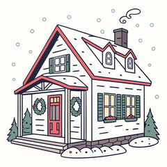 Cartoon snow covered house with holiday wreaths and trees