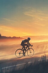 Fototapeta premium A cyclist in a jacket riding on a misty road at sunrise with a colorful sky