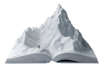 Imaginative landscape composition with mountain emerging from book