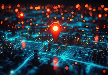 A digital map with red glowing pins connected by lines on a blue circuit-like background