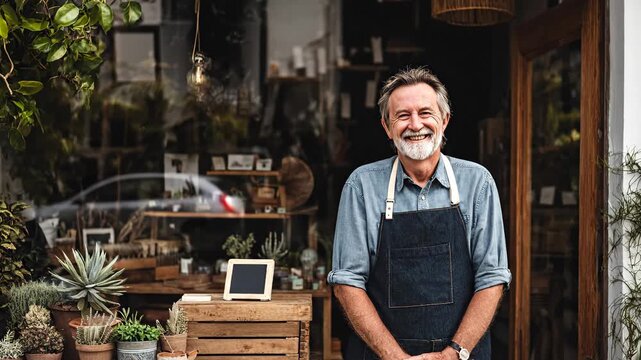 Elderly florist standing proudly in his cozy flower shop, symbol of small business and passion for work.
