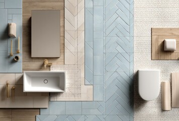 Bathroom layout showcasing various tile textures, fixtures, and accessories arranged artfully