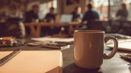 A coffee mug, notepad, and pen with coworkers using laptops