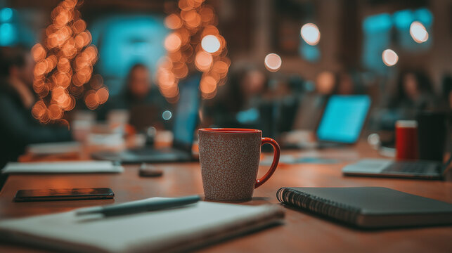 A coffee mug, notepad, and pen with coworkers using laptops