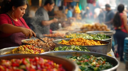 A woman preparing and serving food from large metal bowls at a bustling outdoor food market scene view