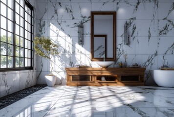 Elegant modern bathroom with marble tiles, wooden vanity, large window, and sunlight